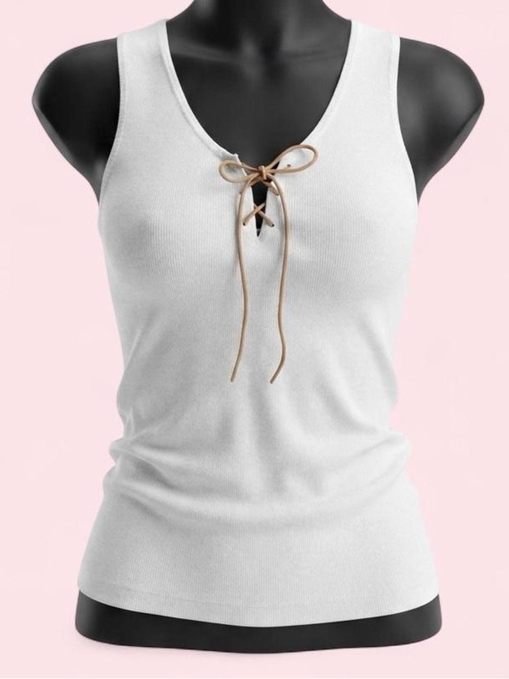 Vintage 2000s Gadzooks BRIGHT White Ribbed Cami Tank Top Lace-Up Bow Mallcore L
